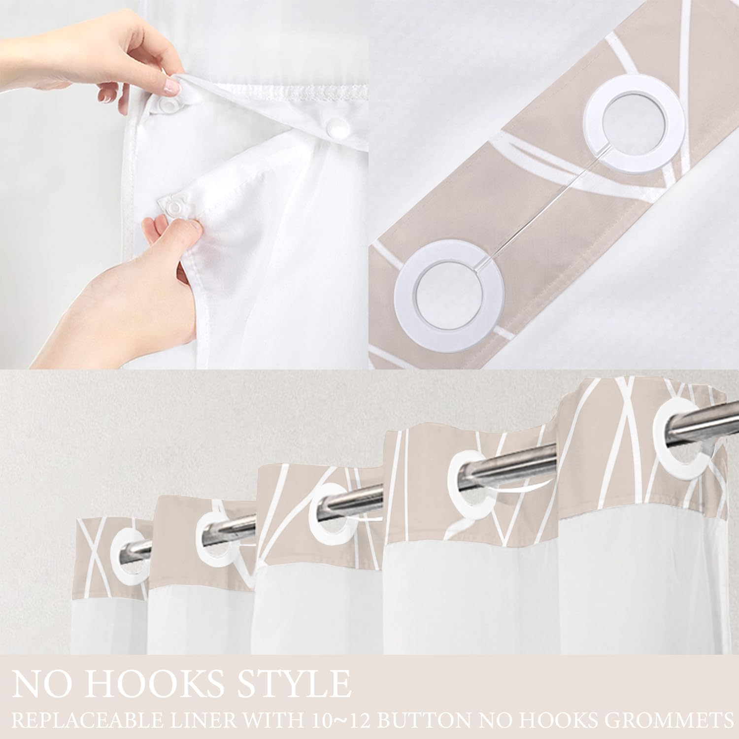 Tititex No Hooks Snap in Liner Abstract Curve Lines Cream White Shower Curtain, Hotel Luxury Double Layers Without Hooks Waterproof Fabric & See-Through Top Window Bathroom 71x71 Inch