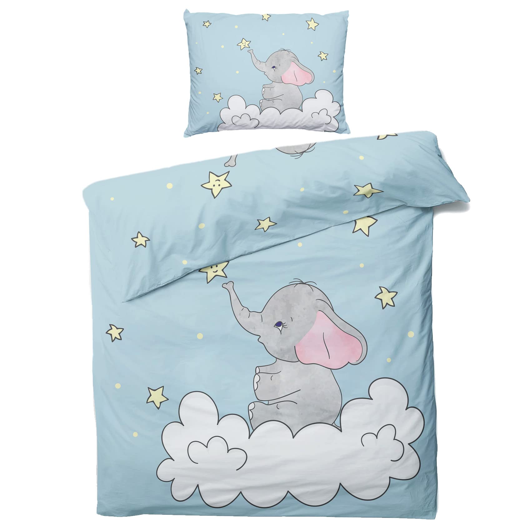 ZDABAOEC Kids Toddler Cot Bed Duvet Cover Set, Star Elephant Bedding Sets for Boys Girls - Reversible Duvet Covers 120 x 150 and 1 Pillowcase 40 x 60, with Zip, 100% Microfiber