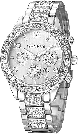 XCZAP Luxury Unisex Crystal Diamond Quartz Watch - Rose Gold/Silver Stainless Steel, Diamond-Studded Three-Eye Calendar, Fashion Casual Mechanical Style