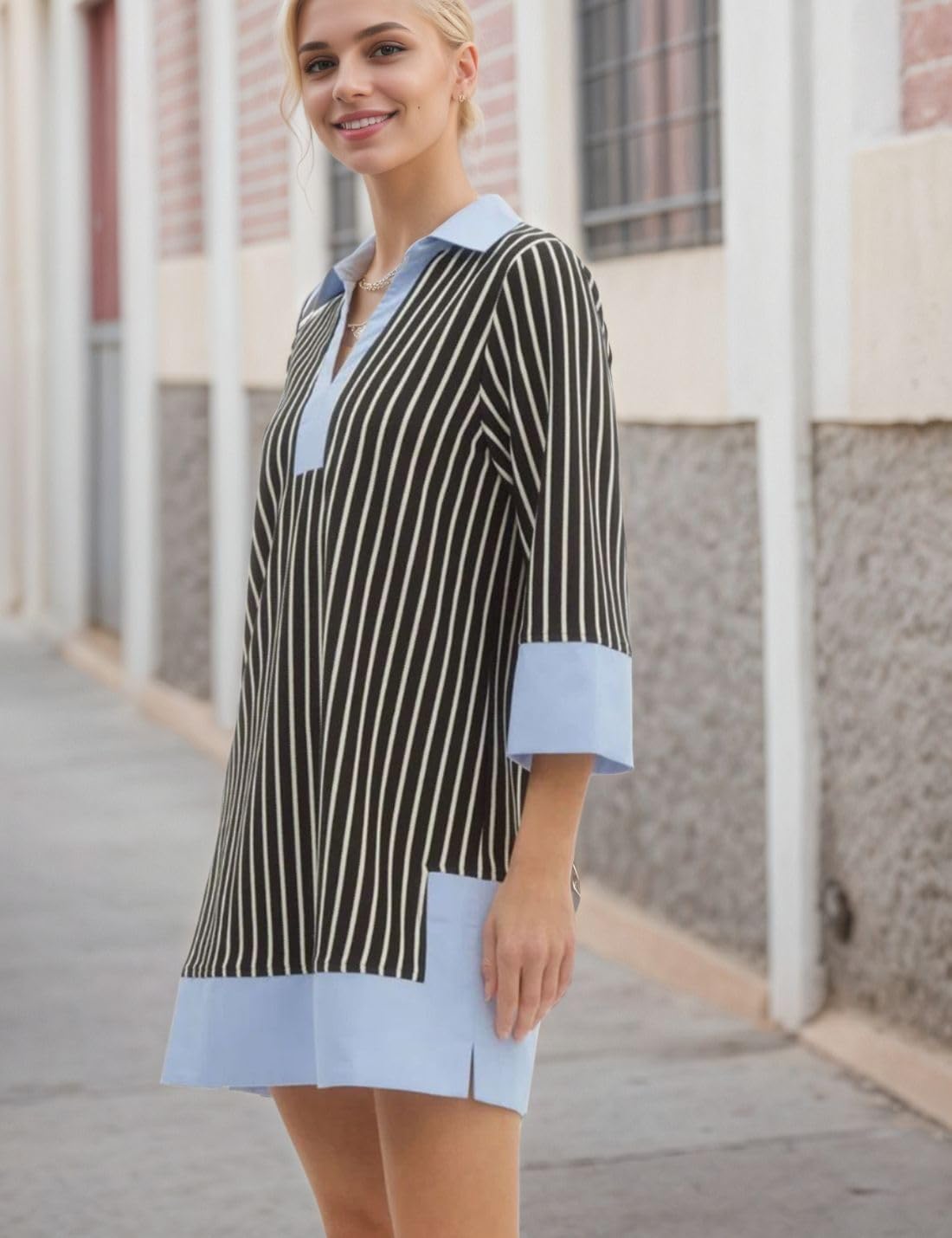 Kwoki Women's Striped Summer Mini Dress 2026 Casual Patchwork Lapel V Neck 3/4 Sleeve Elegant A Line T Shirt Dresses - Image 3