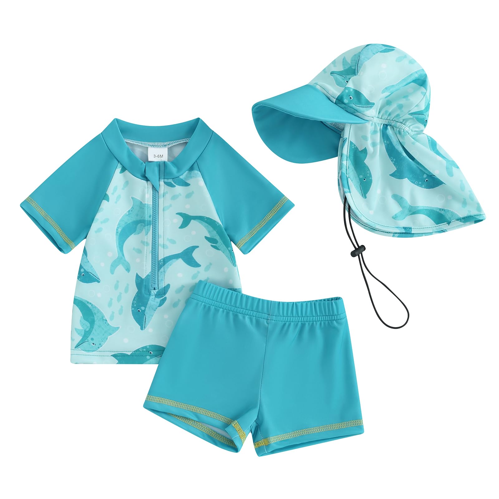 Baby Boy Rash Guard Swimsuit Swim Shirt Shorts Kids Toddler Boys Swimwear Hat (B Sky Blue Dolphin, 12-18 Months)
