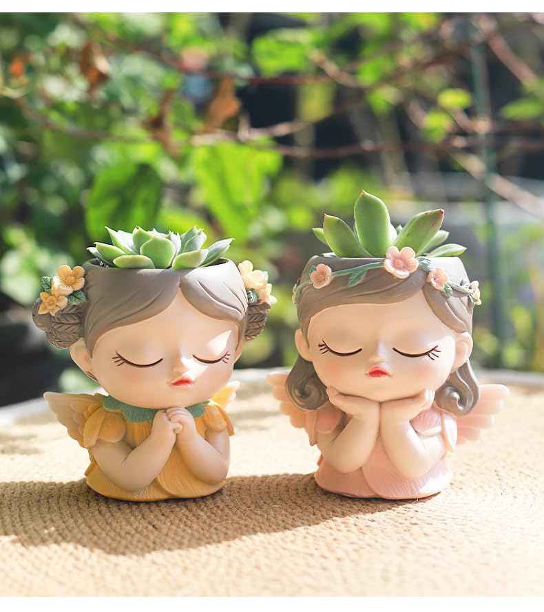 Hosoncovy Cartoon Elf Girl Succulent Plants Plant Pot Small Plant Vase Resin Planter Desk Plant Pot Home Ornament (A) - Image 4