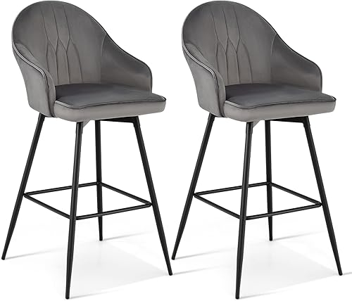 COSTWAY Juego de 2 taburetes giratorios de 360 grados, sillas de bar de tapicería de terciopelo con patas de acero y reposapiés, sillas de bar