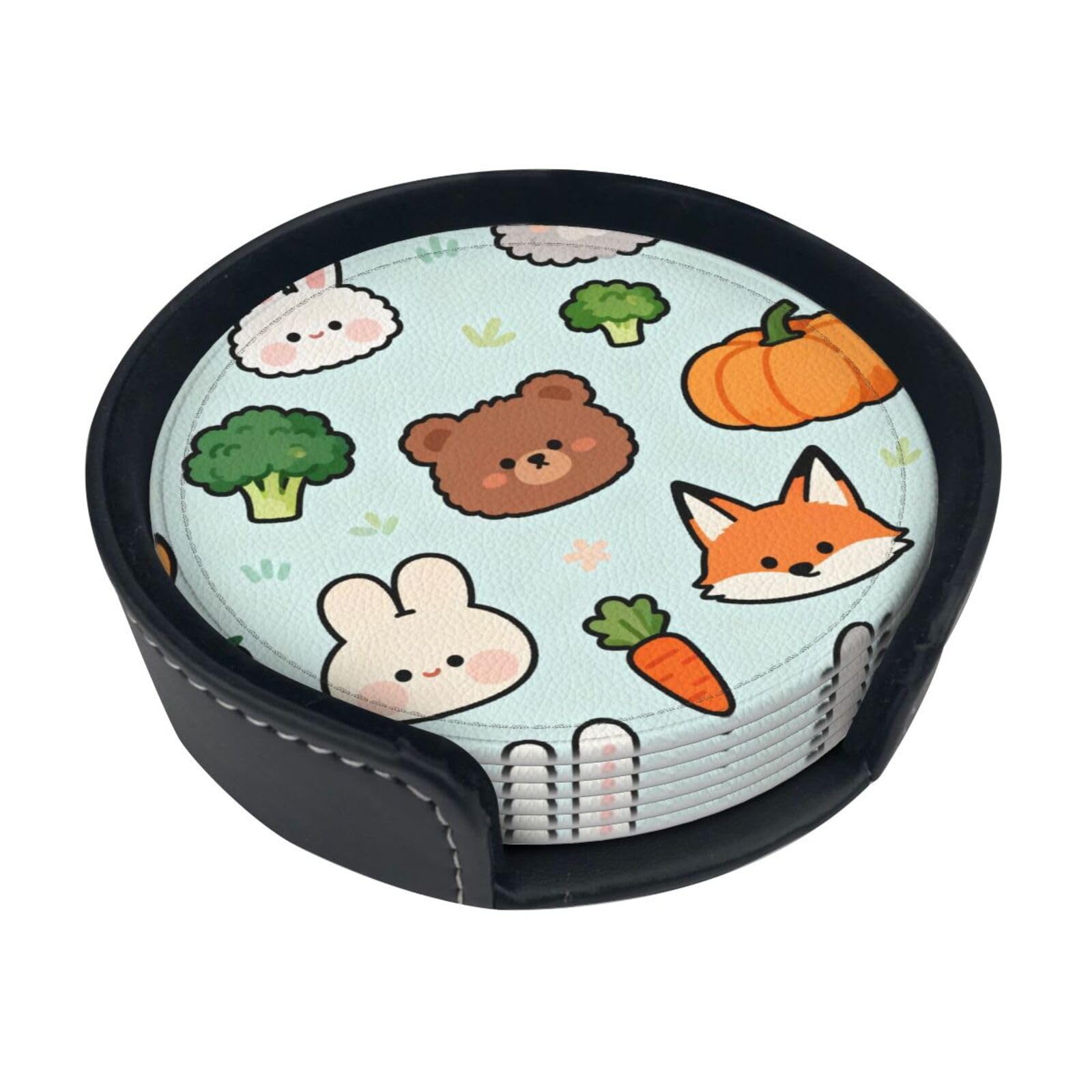 Cute little bunny Leather Coasters-Set of 6 with Storage Holder