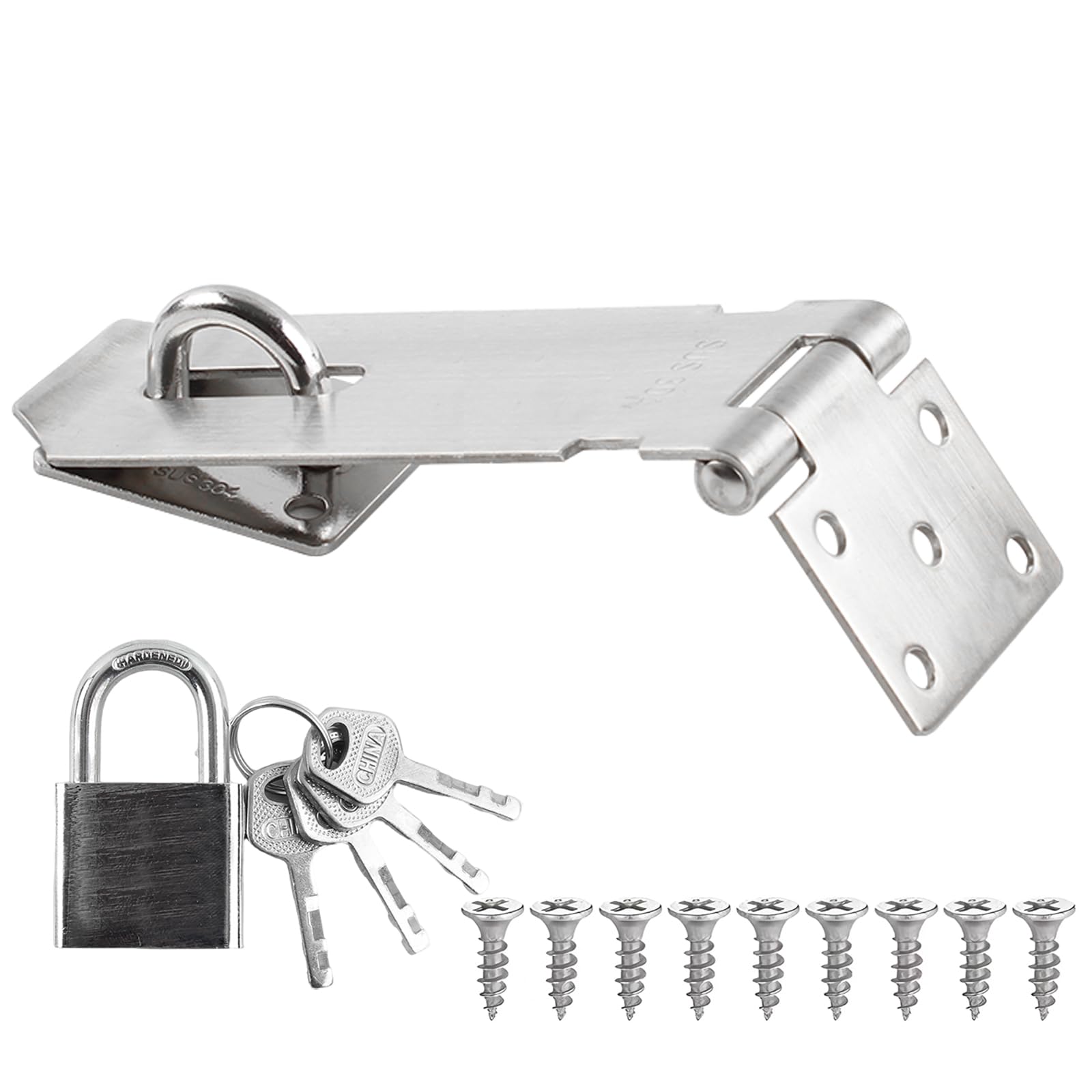 180 Degree Hasp Lock Latch with Lock, 5 Inch Latch Lock with Screws and Padlock, Stainless Steel Pad Lock Latches Locking Latch Security Door Clasp Hasp for Shed/Gate/Storage Lock?Silver?