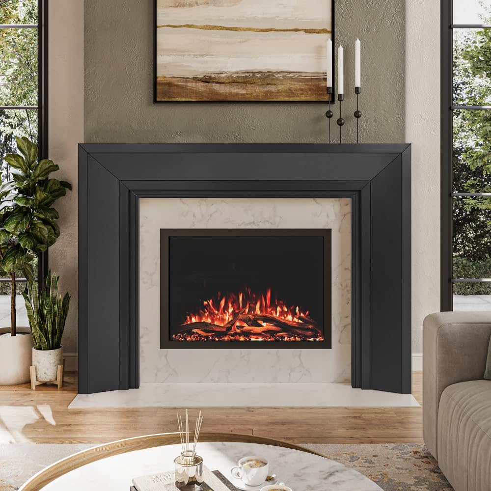 Modern Ember Everly Wood Fireplace Mantel Surround Kit in Black | 48" x 42" Opening | 72" x 54" Overall | Modern Picture Frame Design | Includes Poplar Wooden Mantel Surround &amp; Shelf