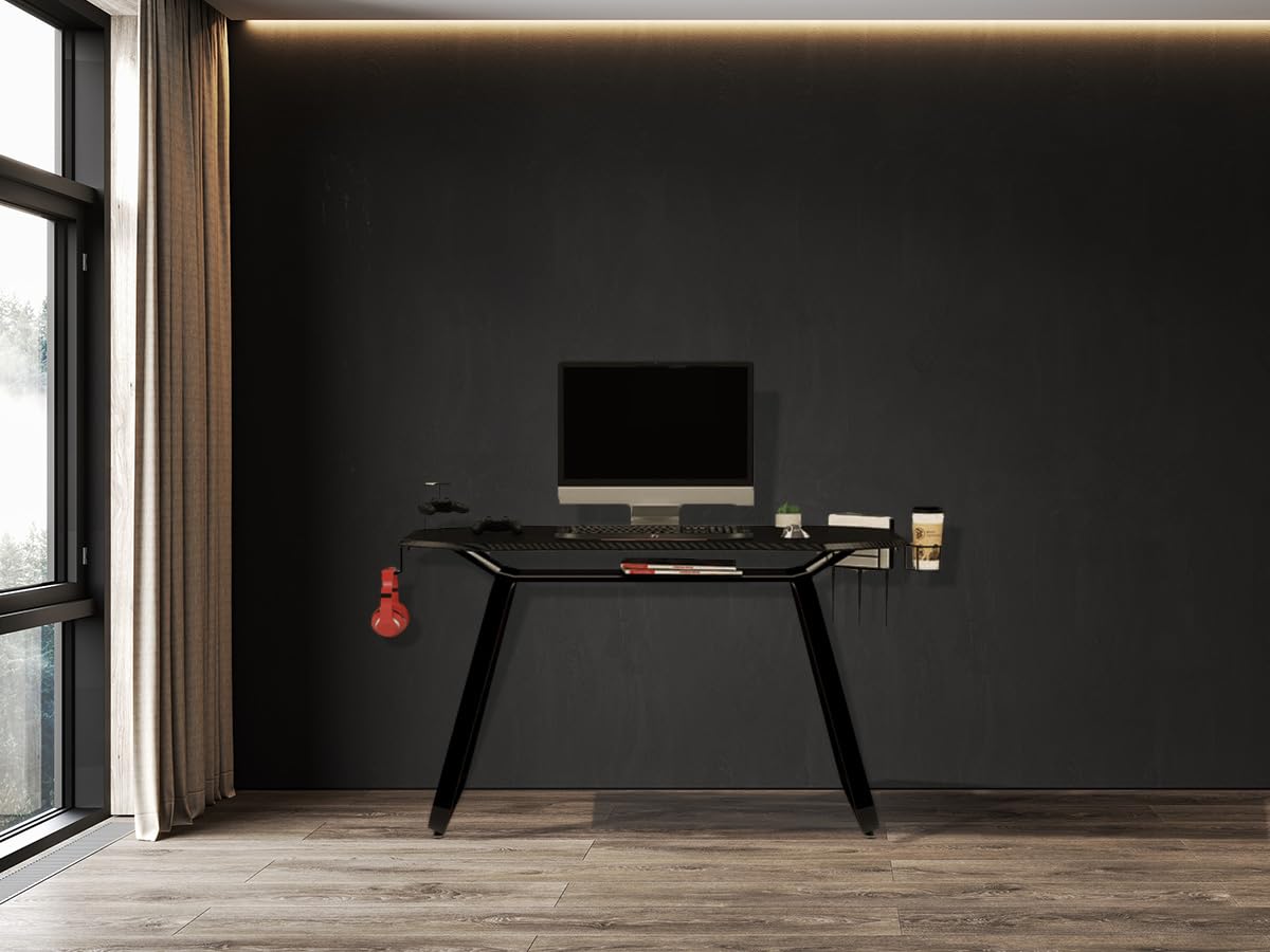 YELLOO - Scrivania Gaming per Computer, Scrivania Nera in Fibra di Carbonio Grande, Sceivanie per Cameretta Adatta per 1 Monitor Grande o 2 Monitor di Medie Dimensioni, Accessori Inclusi (GAMING GT10)