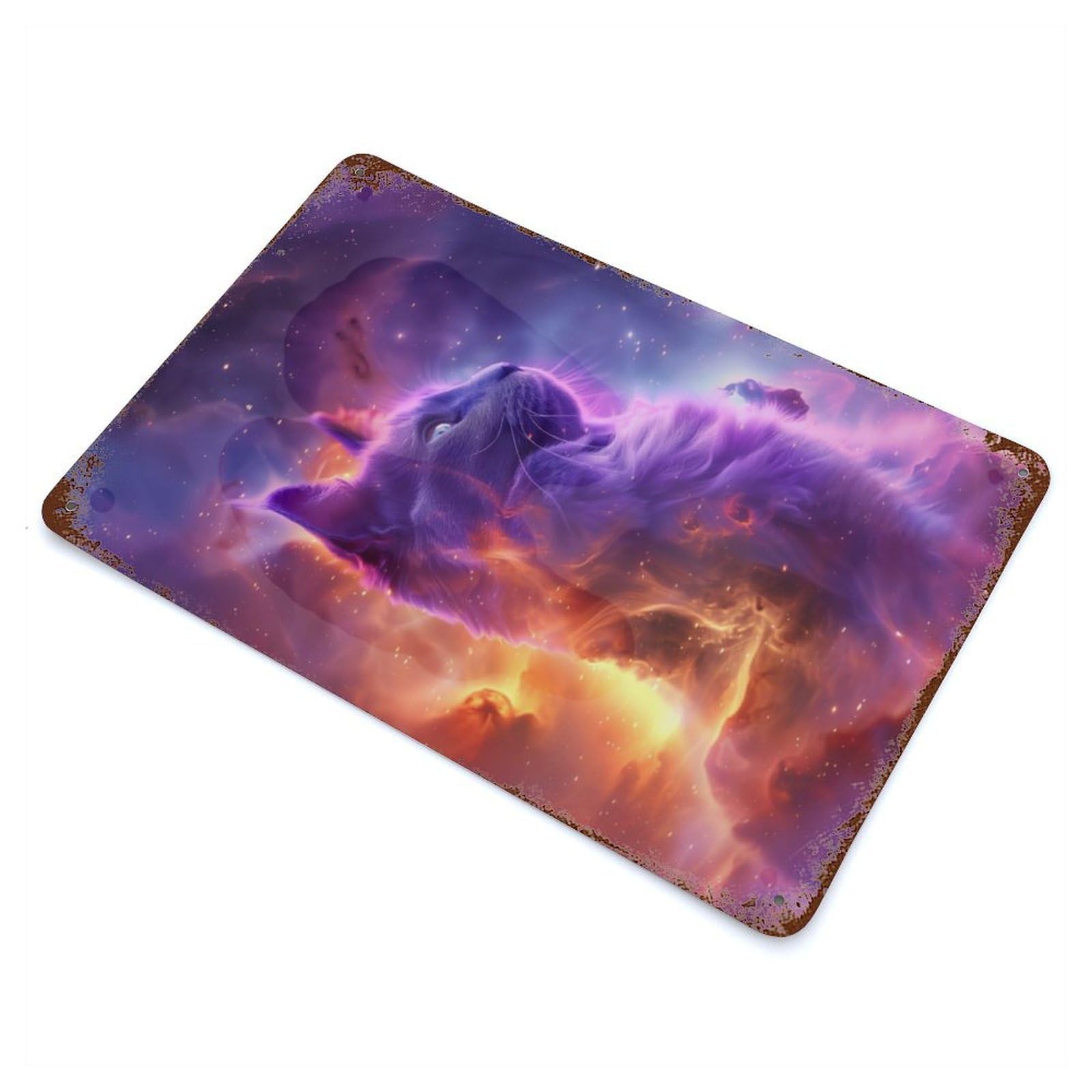 Cosmic Nebulae Kitten Rustic Tin Plaque 11.8"x7.9", for Shed, Workshop And Garage Wall Decor, Rustic Home Decor