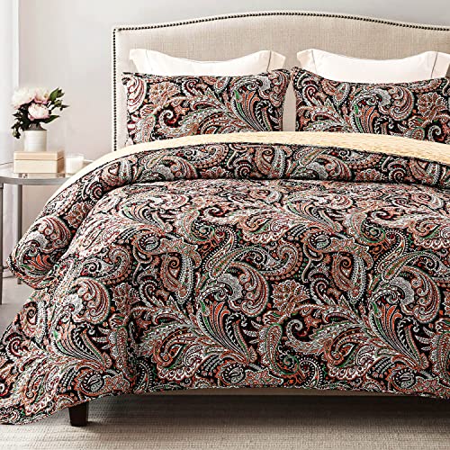 Exclusivo Mezcla Paisley Quilt Set King Size, Lightweight Boho Bohemian Quilted Bedspread/Coverlet/Bed Cover/Bedding Set With Colorful Print Pattern (Black And Camel, 96X104) #TOP17