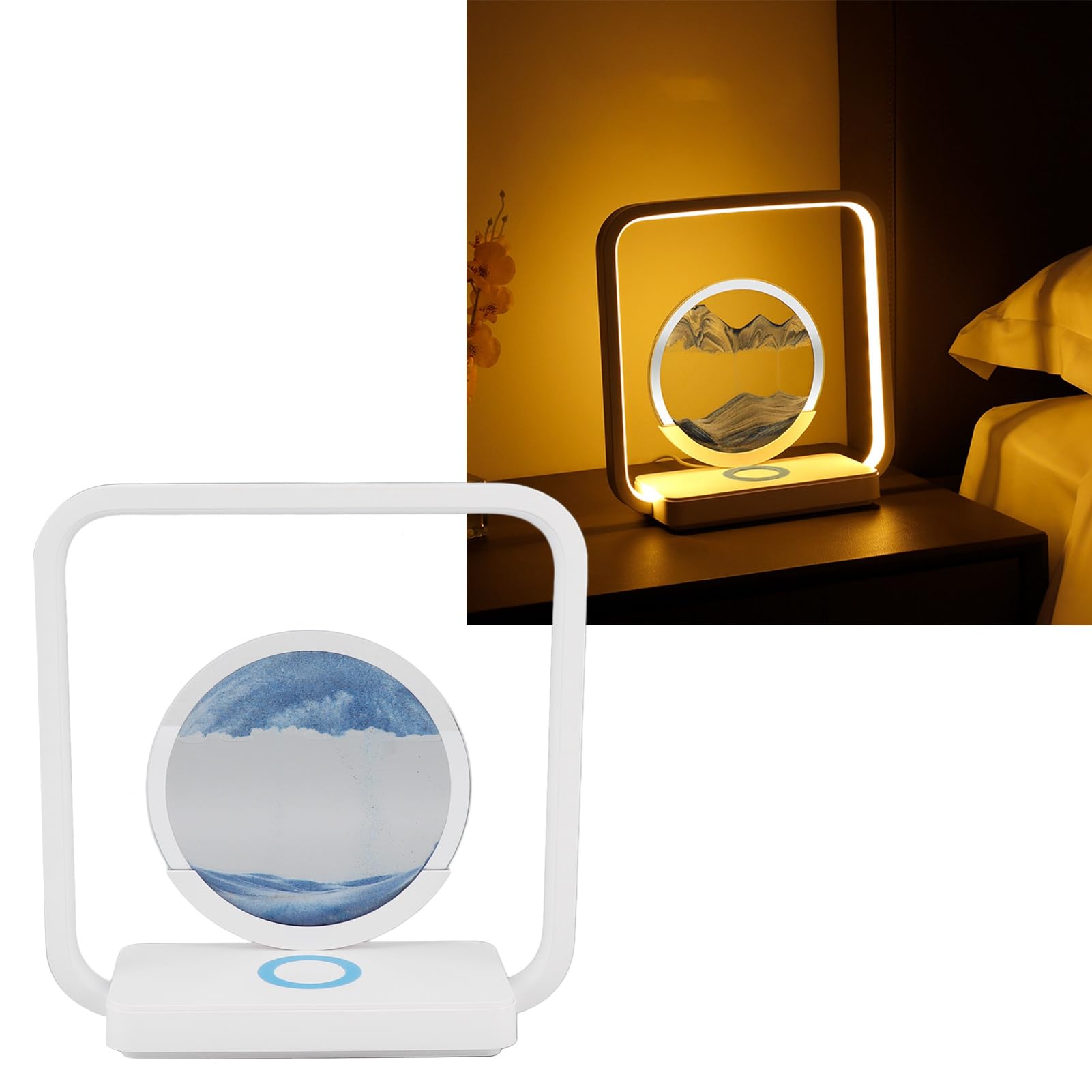 Biurkowa z Ruchomym Piaskiem, Płynące światło Piasku 3D z Przyciemnianiem Dotykowym, Bezprzewodowa ładowarka, Lampka Nocna USB do Domowego Biura, żółta (Niebieski)