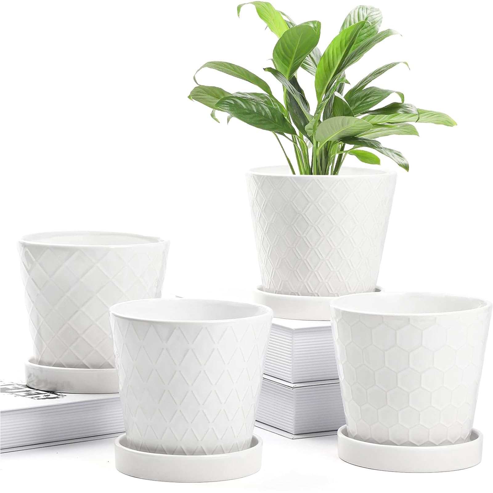 BUYMAX Plant Pots Indoor –5 inch Ceramic Flower Pot with Drainage Hole and Ceramic Tray - Gardening Home Desktop Office Windowsill Decoration Gift, Set of 4 - Plants NOT Included (White)
