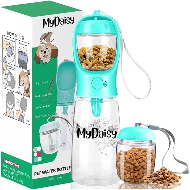 MYDAISY Szczelna butelka do picia dla psa, w podróży, z pojemnikiem na karmę 100 g, przenośna butelka na wodę dla psów o dużej pojemności 550 ml, odpowiednia dla psów, szczeniaków i kotów, akcesoria