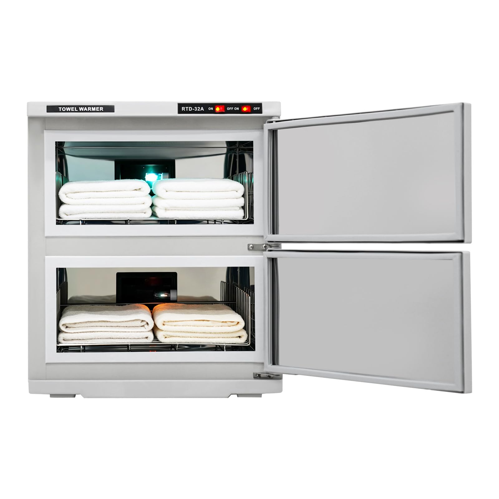 Calentador de toallas de 36 L, 2 puertas, con esterilización UV | Toallero desinfectante de gran capacidad, toallero con bandeja recogedora y asas, calentador de toallas para hotel