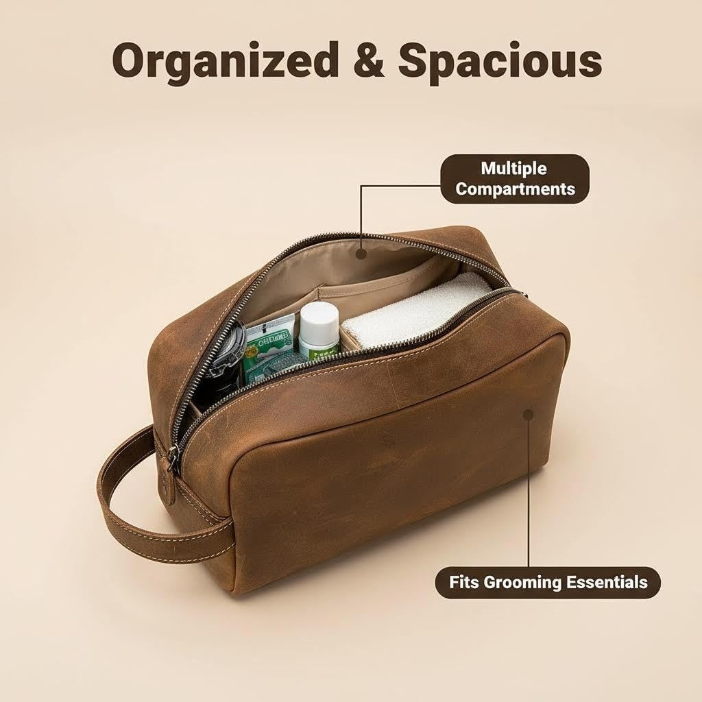 Neceser de viaje de cuero vacuno para hombre, kit de afeitado resistente al agua y organizador de cosméticos, bolsa de aseo unisex, Marrón1