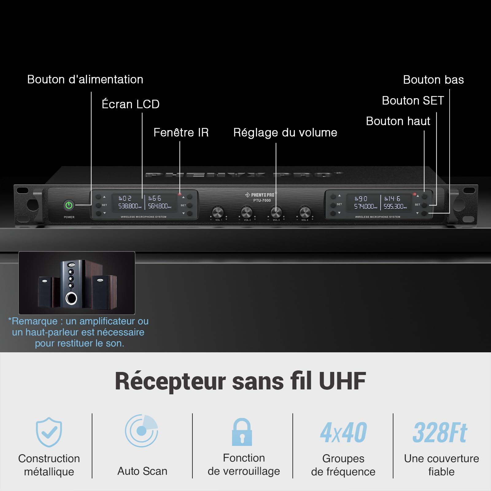 Phenyx Pro Système de Microphones sans Fil UHF 4 Canaux PTU-7000-4B