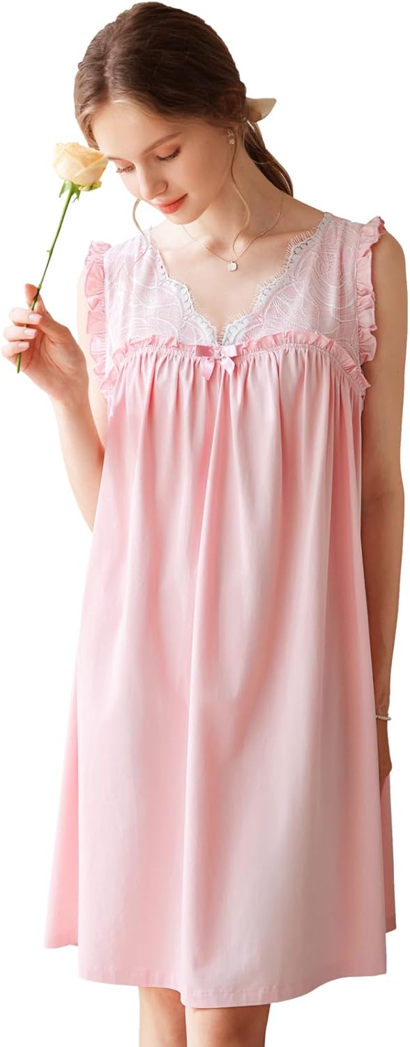 Nanxson Women's Knitted Cotton Nightgown Sleepwear Sleeveless Sleep Dress V Neck Lace Nightwear Victorian Loungewear - Image 3