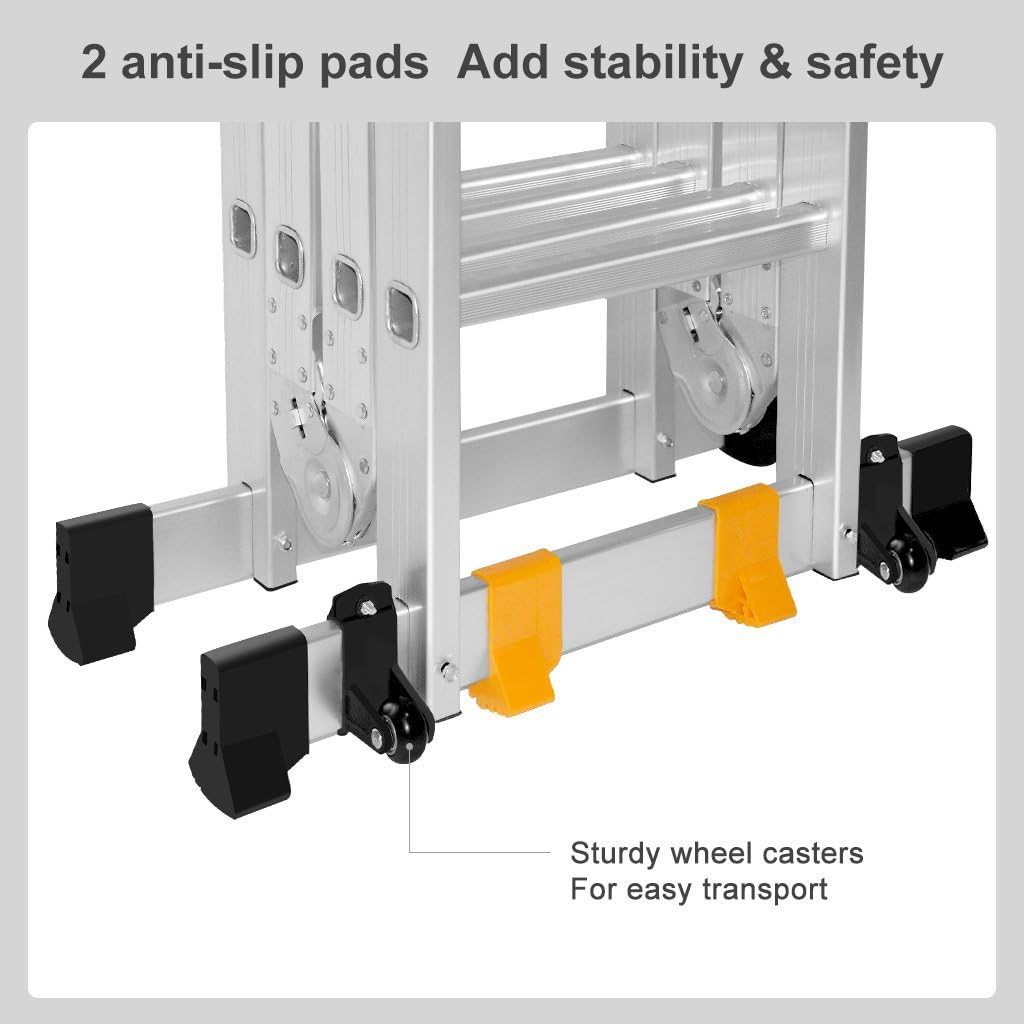 Finether Aluminium Folding Ladder 19ft Multi-Purpose Extension Ladder Heavy Duty with Safety Locking Hinges and 2 Panels EN131 Certified Four-Fold Ladder 331 Lbs Capacity