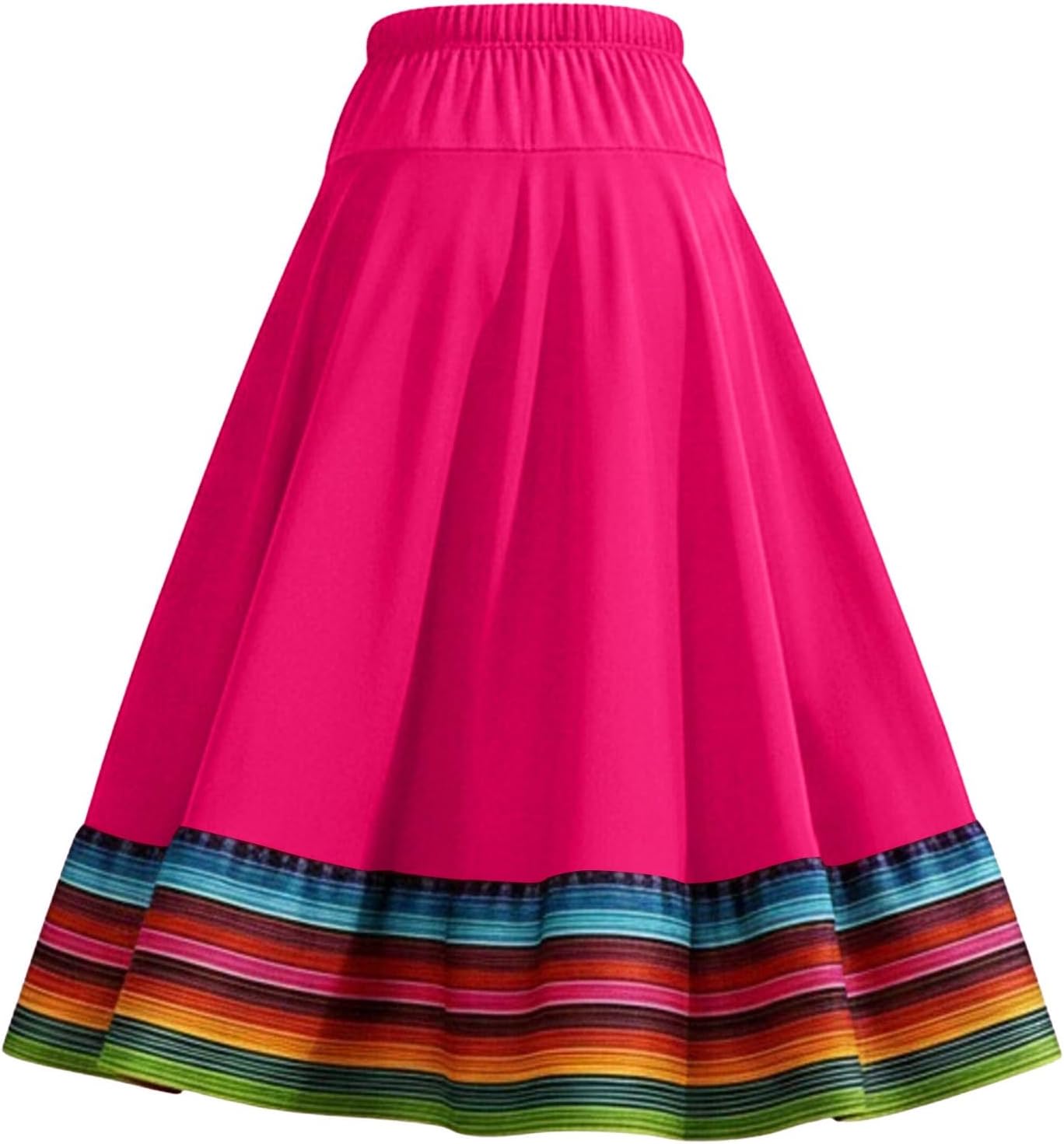 Oplxuo Women's Boho Maxi Skirt Elastic Waist Flowy A-Line Long Skirt with Colorful Striped Hem