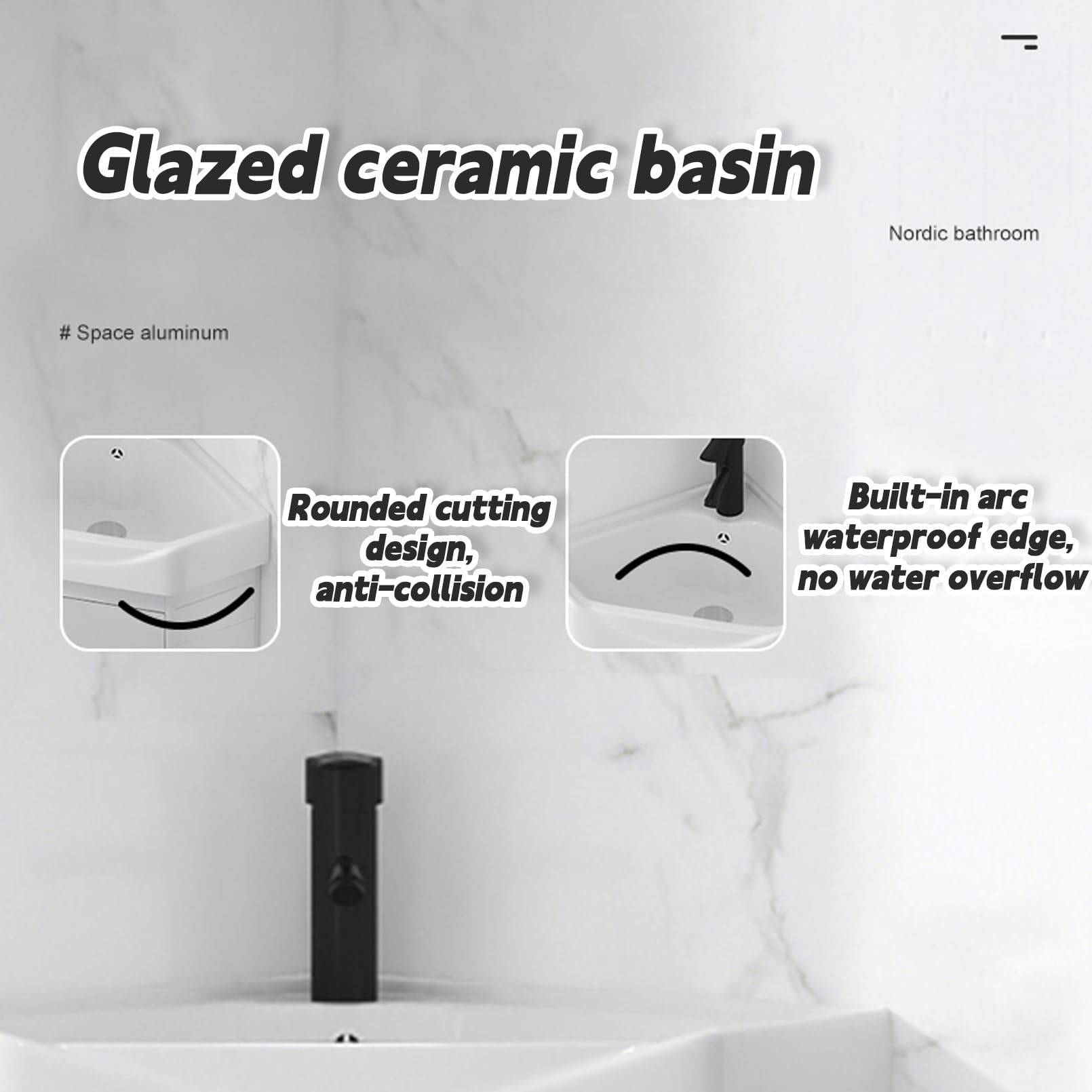 Zlew narożny do montażu na ścianie - 42 cm ceramiczny zlew na cokole z kranem i odpływem oszczędzający miejsce pływająca szafka łazienkowa do małych przestrzeni nowoczesny design do
