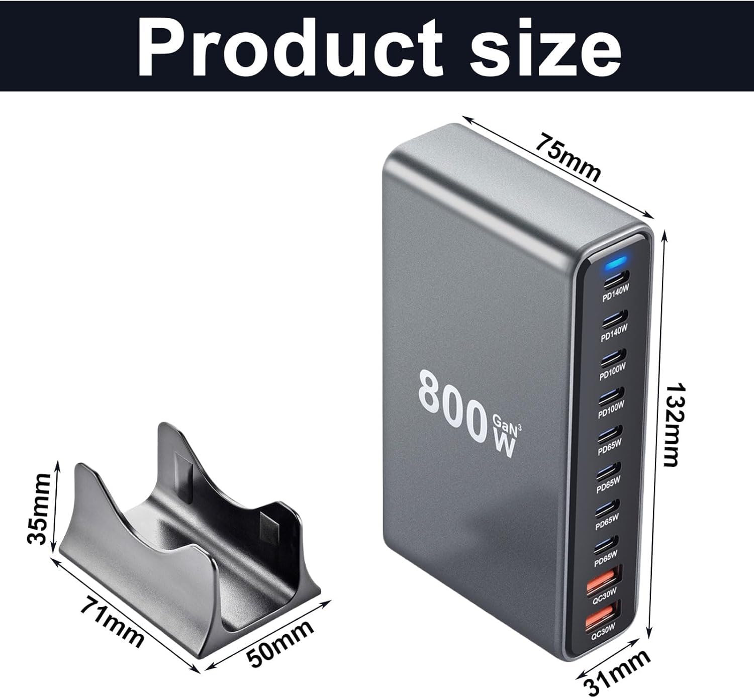 Cargador USB C de 800 W, múltiple, 10 puertos, unidad de carga USB, múltiple, 8 x USB-C y 2 puertos USB-A, cargador rápido, estación de carga, cargador compacto para múltiples dispositivos, compatible