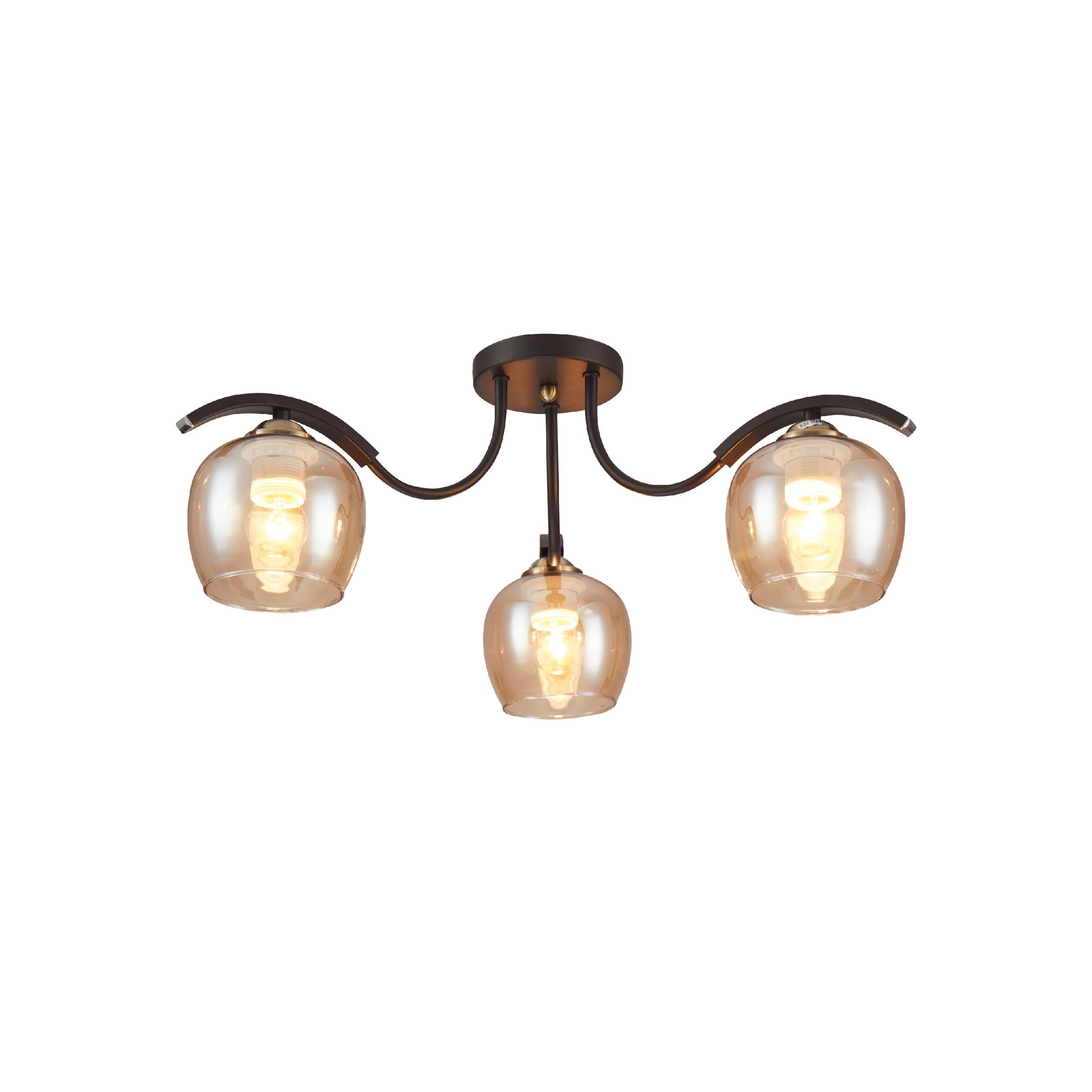 Tekled Rose Glass Shade Amber Glass Black Semi-Flush Ceiling Light E27 - Modern / 3 Lamp