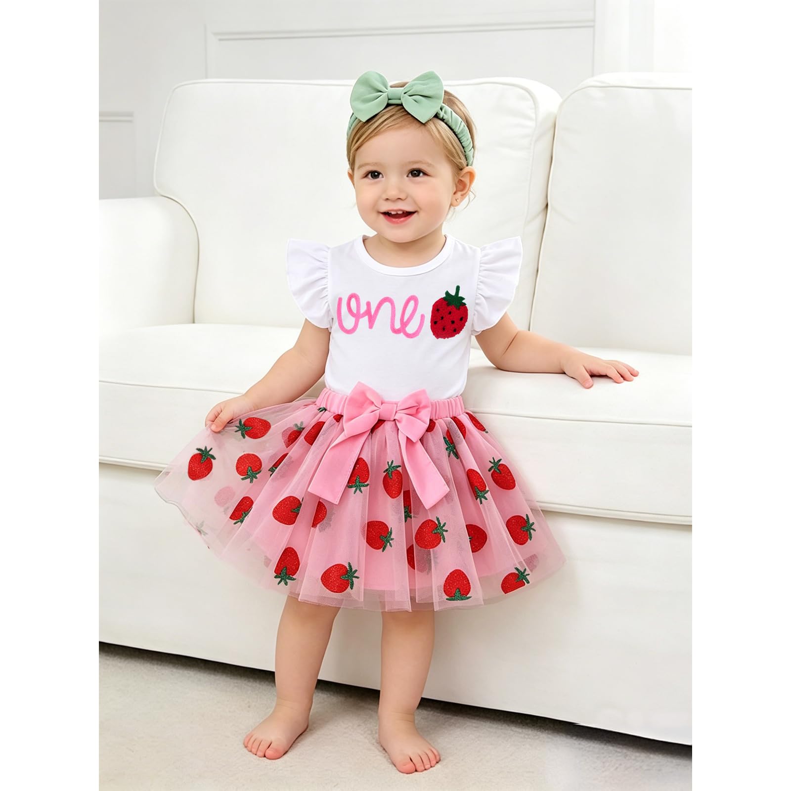 CM C&M WODRO Neugeborenes Baby Mädchen Outfit Ersten Geburtstag Rock Set Geraffte Ärmel T-Shirt und Tütü Tüllrock 1.Geburtstags Bekleidungssets Sommer 2-teiliges Kleidung ONE Shirt+Netzrock - 2