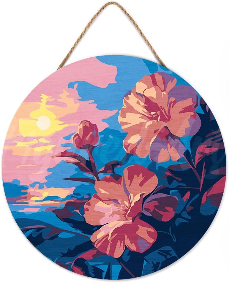 Figured'Art Paint by Numbers Kit for Adults on Wood Slice, 11.8in Diameter - Hibiscus at Sunset - Craft Art Painting DIY Canvas