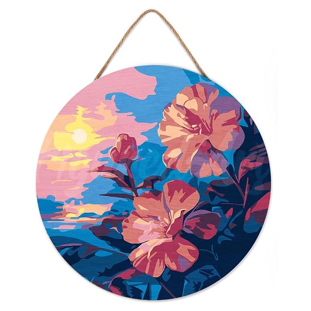 Foto 2 de 8 de Figured'Art Pintar por Números para Adultos en Disco de Madera de 30 cm - Hibisco al atardecer