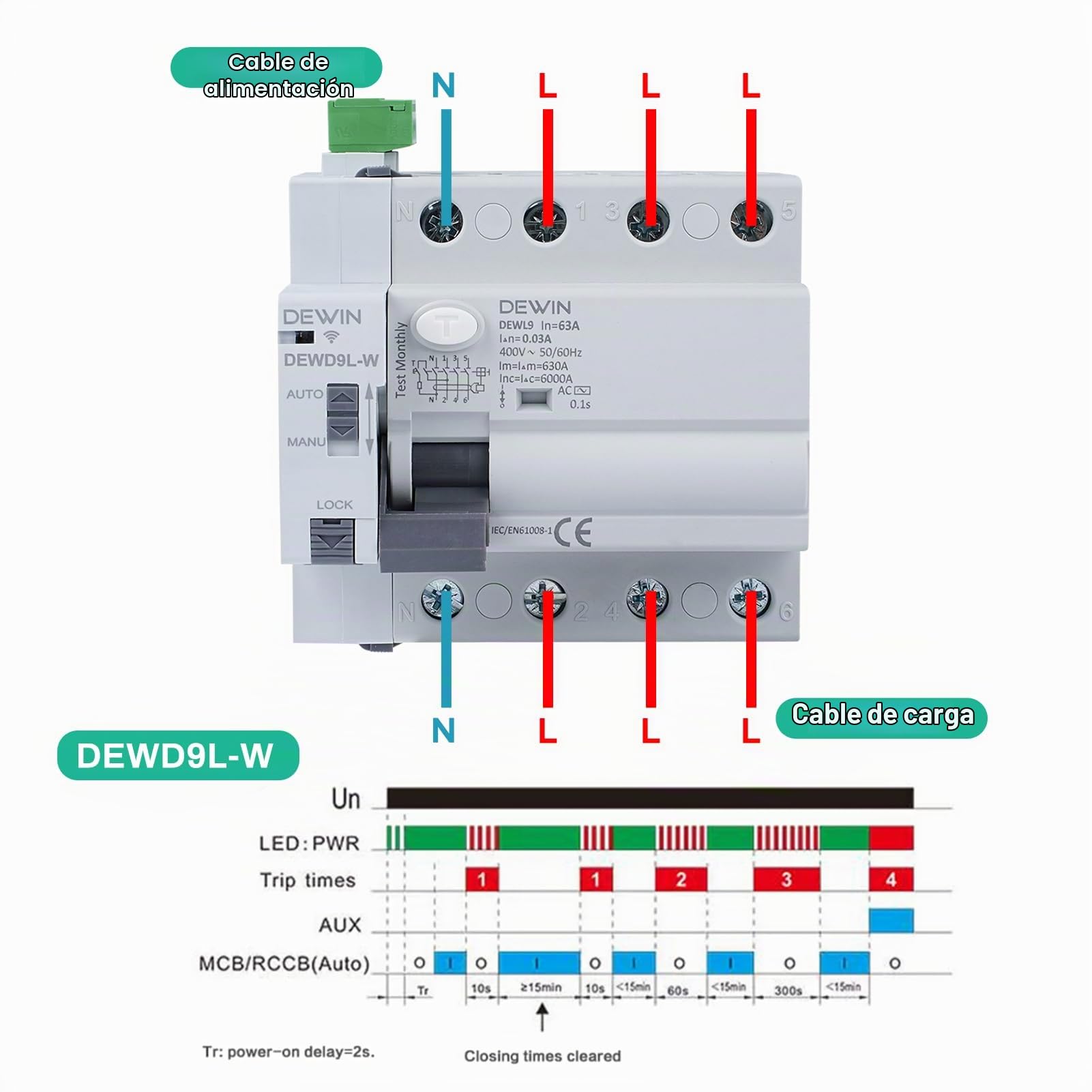 DEWIN Diferencial Rearmable WiFi, 4P 63A 30mA 400V Interruptor Diferencial Rearme RCCB Diferencial Rearmable DEWD9L-W