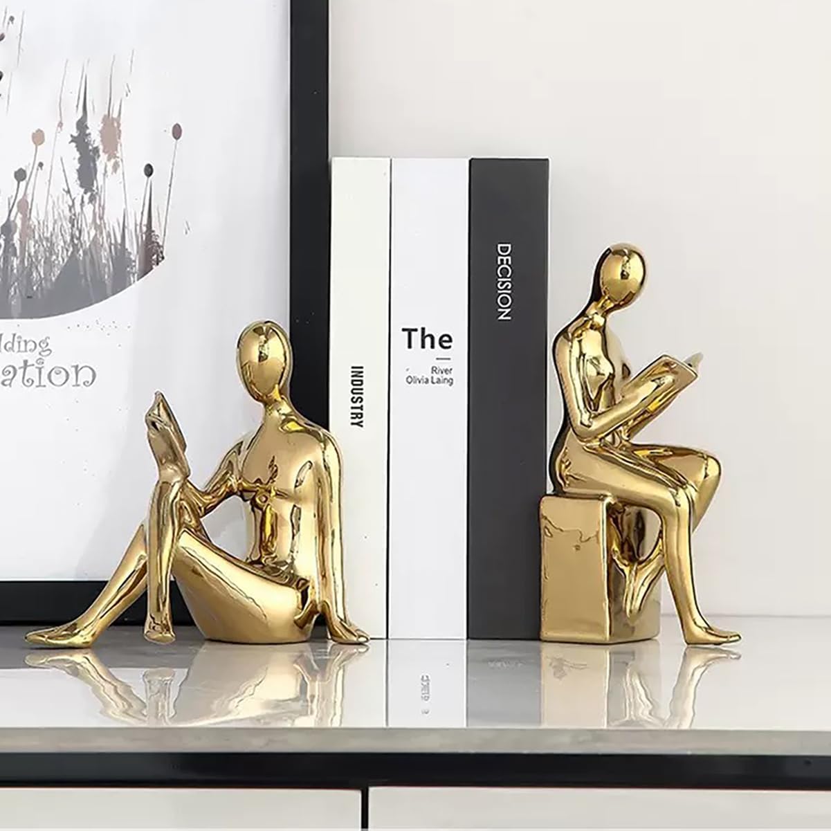 Decorative Bookends, Ceramic Book Ends for Shelves, Home Office Decor Aesthetic Book Stopper Reading Book Holders Statues for Bookshelf Bedroom Living Room Decoration (Glod)