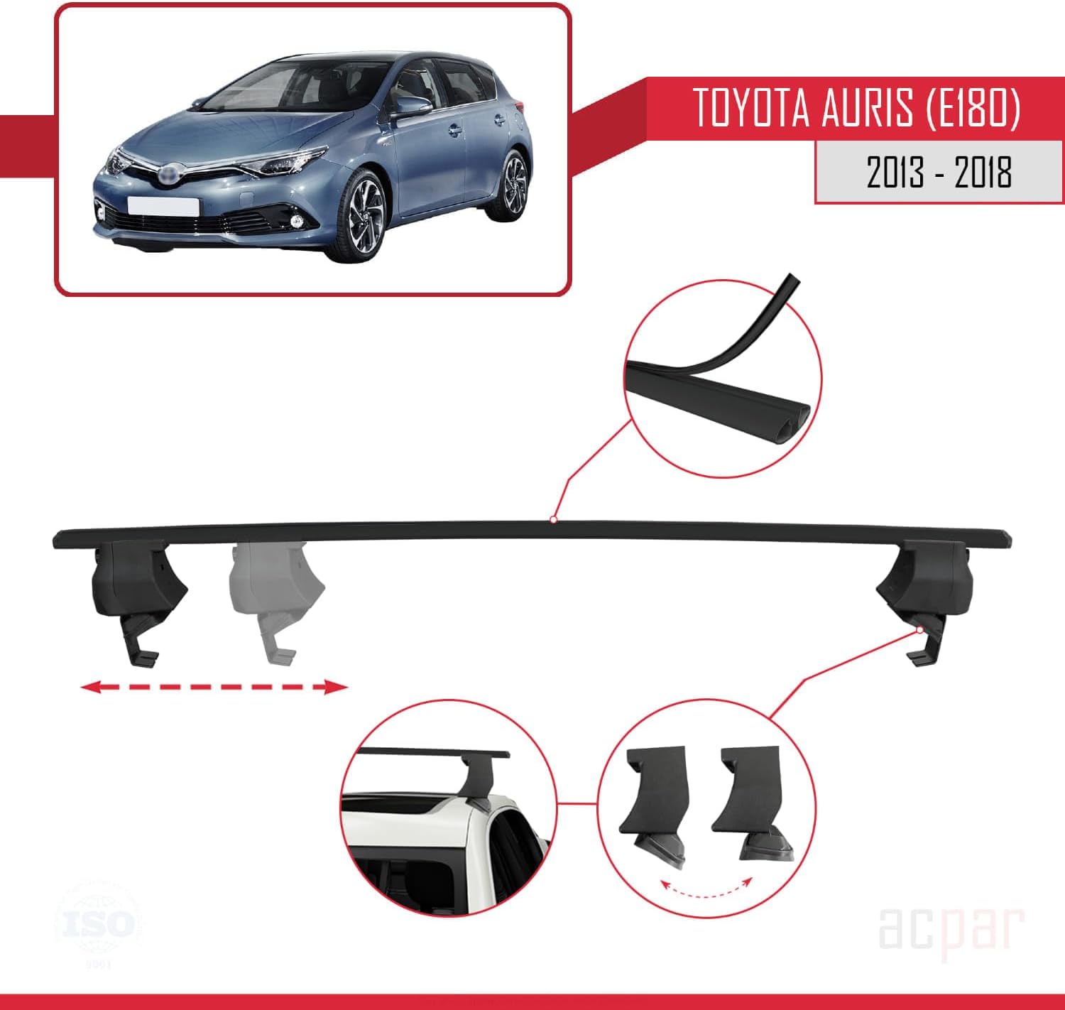 Compatible with Toyota Auris 2 (E180) 2013-2018 ACE-4 Car Roof Rack Cross Bar Black Aluminium 2 Bars