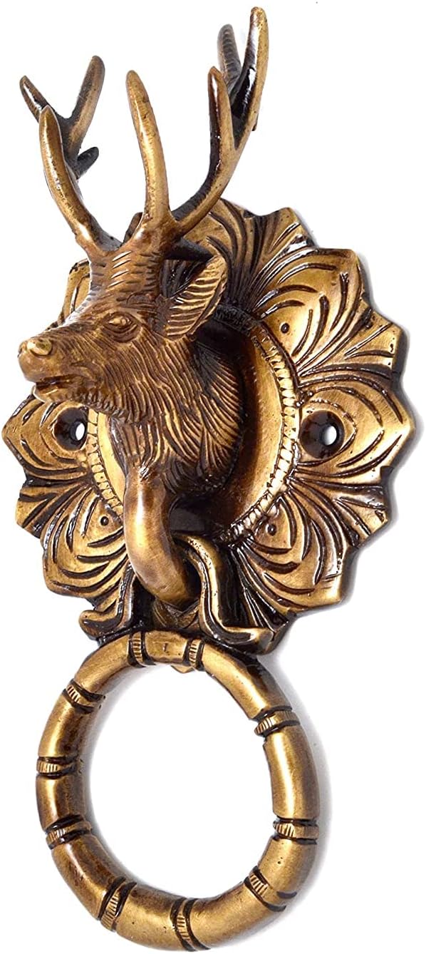 Reindeer Face Brass Door Knocker (Standard Size, Antique Brown)