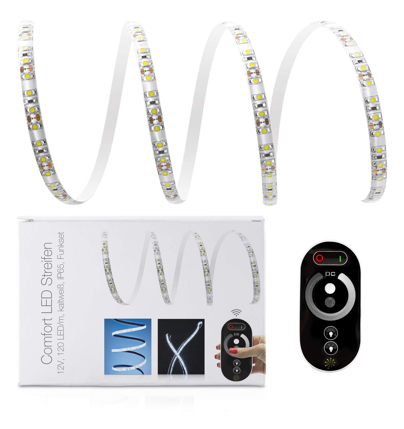 Tira de luces LED (3 m, 120 LED/m, IP65, 12 V, incluye controlador, mando a distancia y fuente de alimentación)
