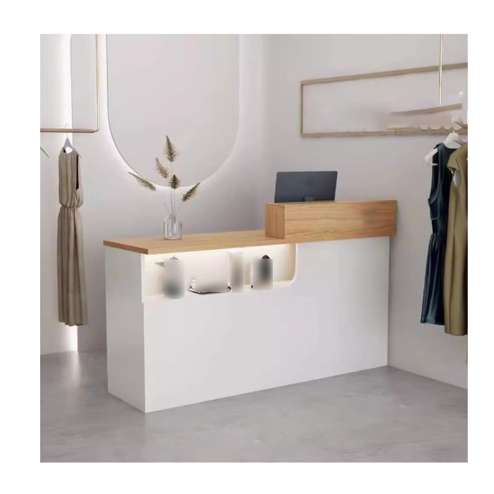 Tavolo da ufficio moderno in legno da 140 cm, per ingresso, salone di bellezza, negozio di abbigliamento, bancone di benvenuto Ele e soluzione di vendita per aziende