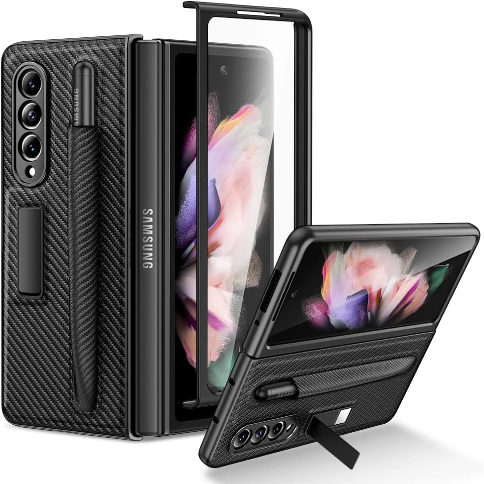 VEGO Case for Samsung Galaxy Z Fold 3 Case with S Pen Holder, Magnetic Kickstand Case with Front Screen Protector, Luxury PU Leather Slim Protective Cover Case for Galaxy Z Fold 3 5G - Carbon Fiber