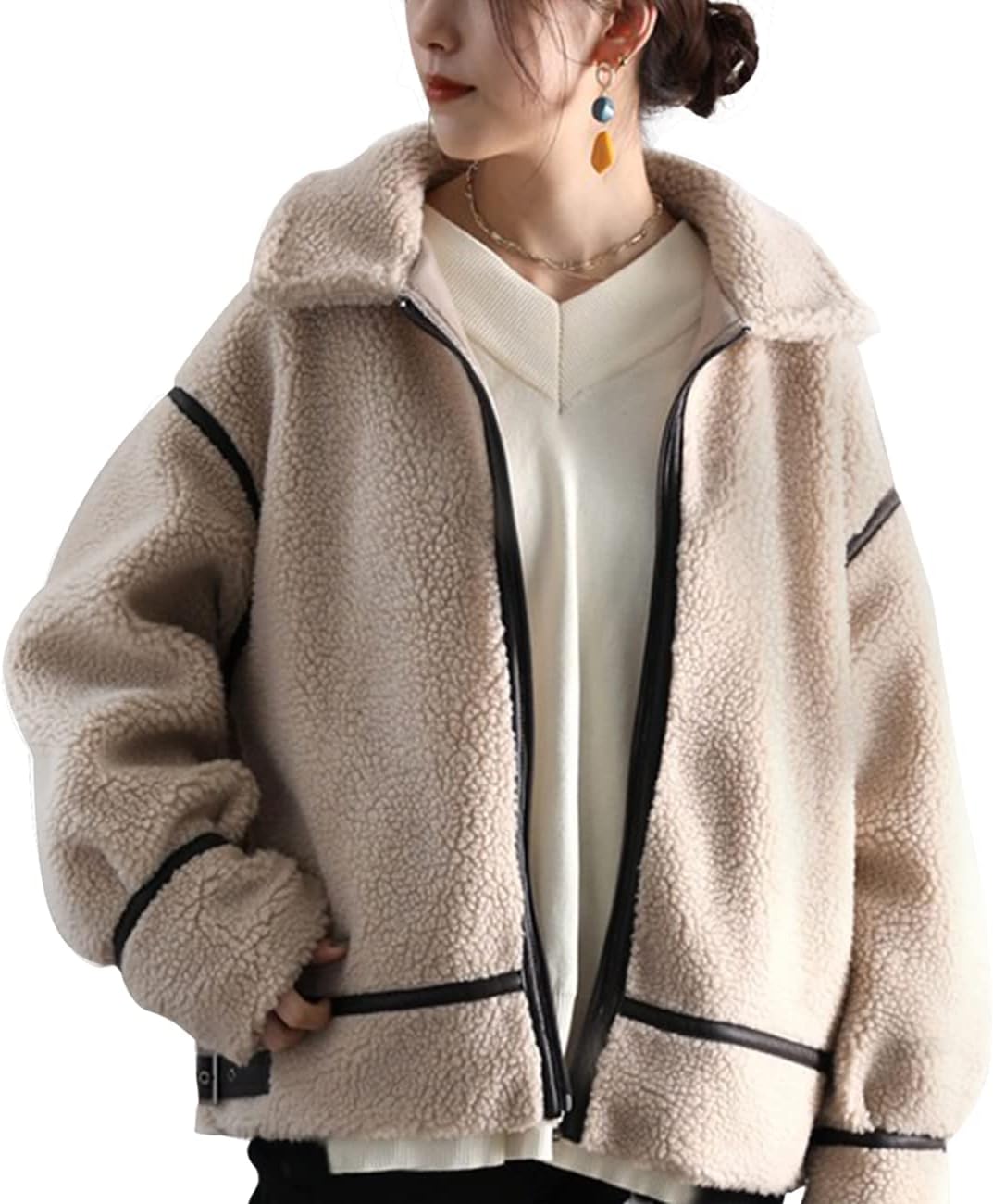 [Missmo] ボアジャケット レディース ボアコート ボアブルゾン コート ショート丈 レザー調 アウター 秋冬 フリースジャケット ブルゾン フライトジャケット