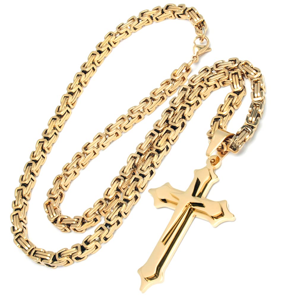 Herren Halskette mit großem Kreuz-Anhänger in gold aus hochwertigem 316L Edelstahl vergoldet Königskette Männer Geschenk