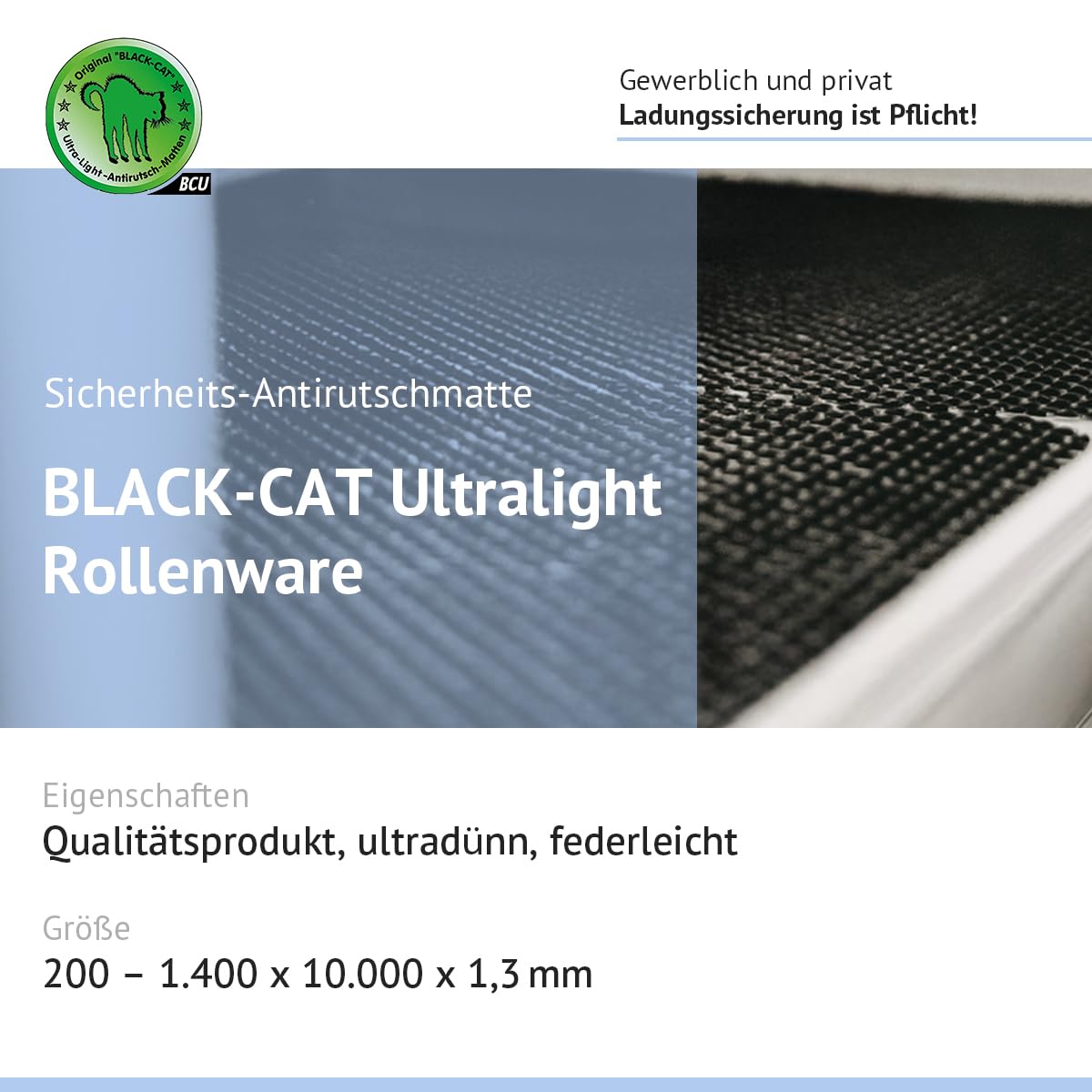 BLACK-CAT Ultralight Antirutschmatte 10.000×1.000×1,3 mm – Original, Ultraleicht, rutschfest, zuschneidbar, chemikalienbeständig, ideal für Lager, Werkstatt, Haushalt & Transport