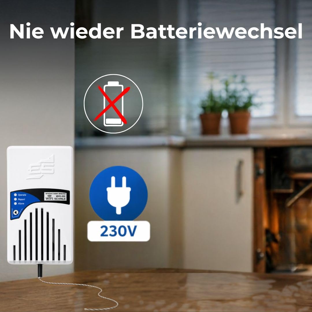 Schabus Smart-Wassermelder WWD 450 mit Sensorkabel (230V, Schuko) | Push-Nachricht via Smart-Life-App, Leckage/Wasserschutz, Für Keller, Bad, Küche, Aquarium