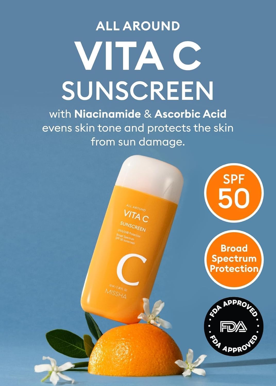 MISSHA All Around Vita C Sunscreen SPF 50/2.36 Fl Oz - Korean Sunscreen for Face with Vitamin C for Even Tone, Lightweight, Non-Sticky, Sebum Control valentines day gifts for her - Image 2