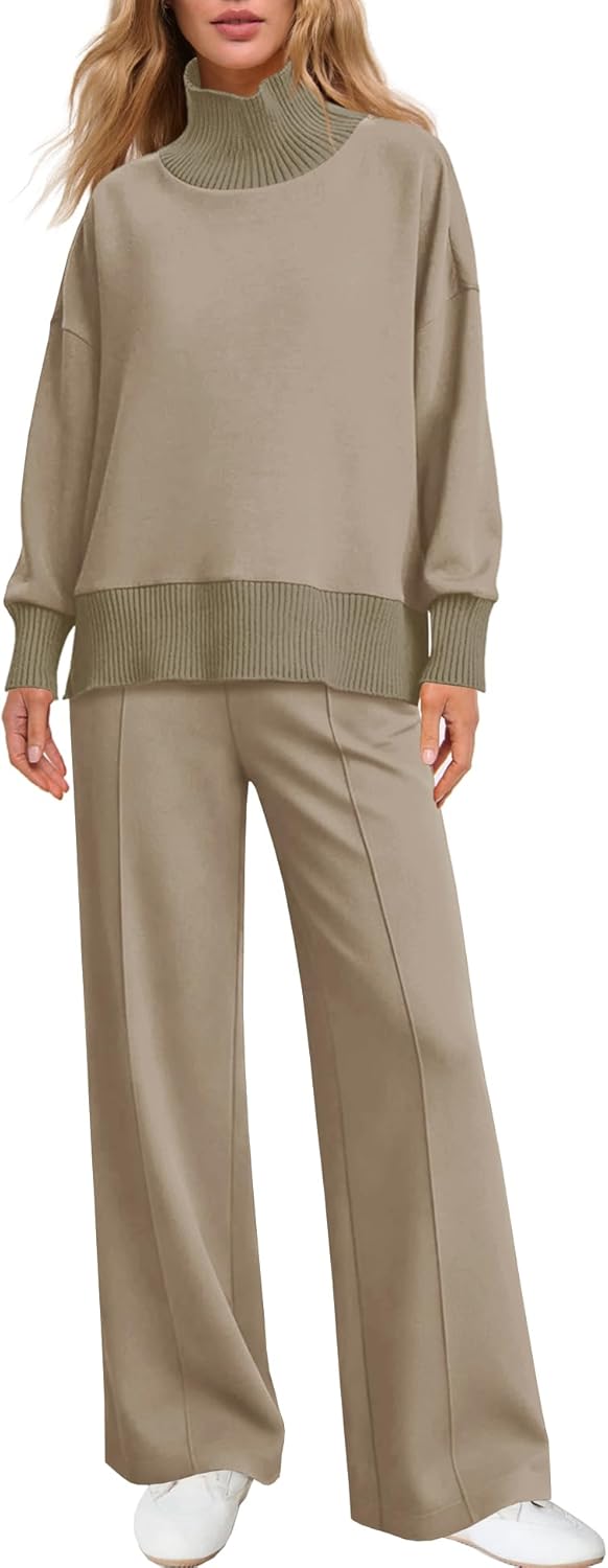 SENSERISE Womens 2 Piece Outfits Fall Matching Lounge Sets Mockneck Sweatshirt Wide Leg Pants Sweat Sets Tracksuit - Image 2