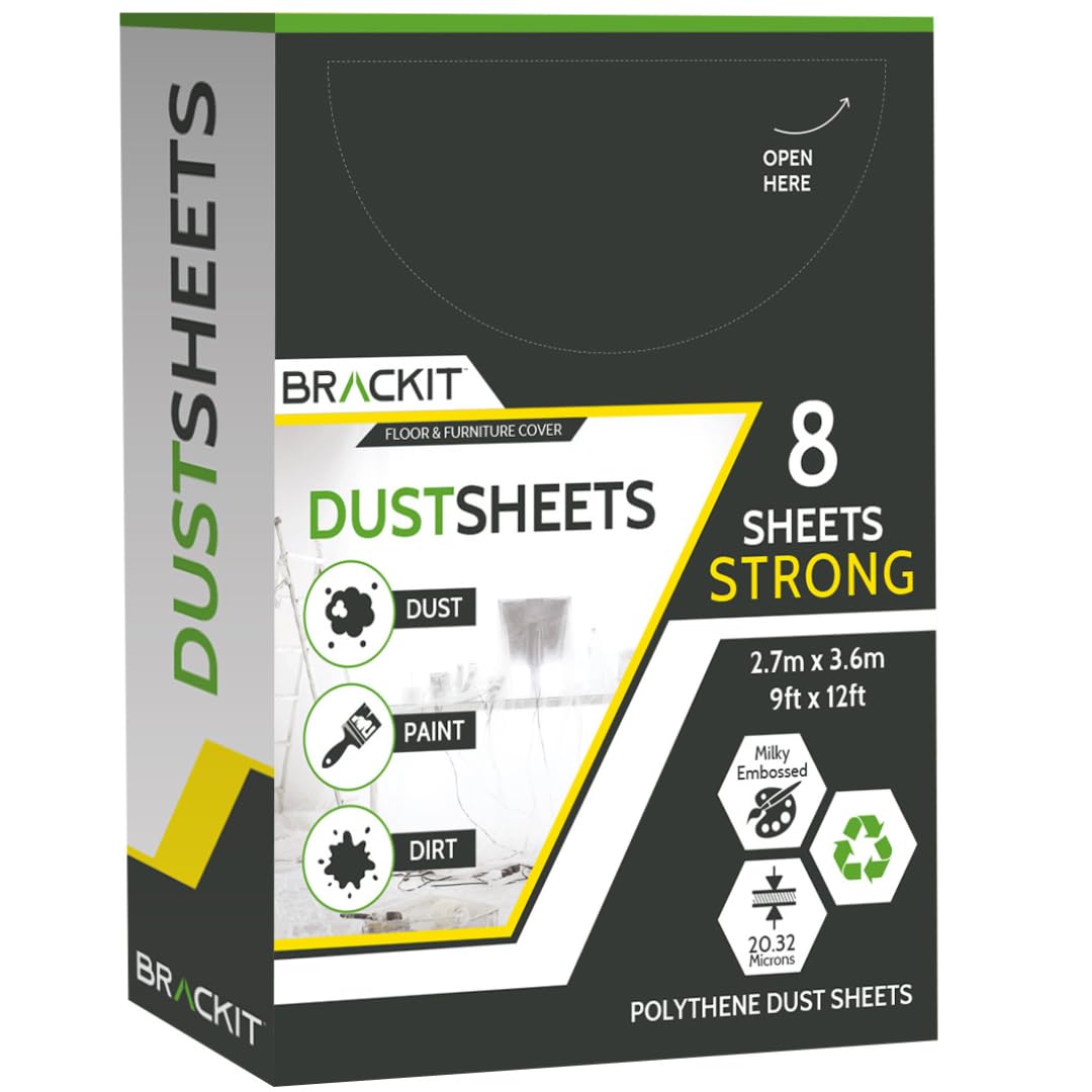 brackit 8-Pack, Large Plastic Dust Sheets for Decorating - 2.7m x 3.6m (12ftx 9ft) - 20 Micron - Embossed White Plastic Sheets For Painting - Waterproof plastic Sheets for Painting & Covering