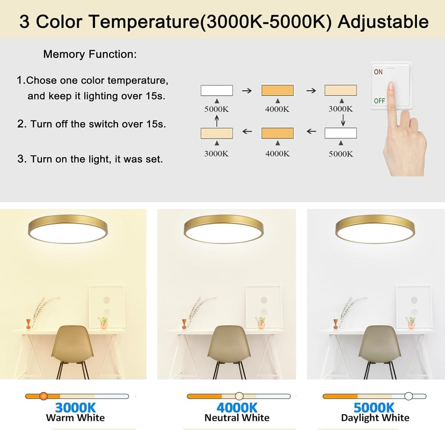 2 Pack Gold Flush Mount Ceiling Light, 12 Inch Metal Modern Round Gold Light Fixtures - 3 Colors, 3000K-5000K LED, 20W Low Profile Ceiling Lighting for Bedroom, Living Room, Hallway