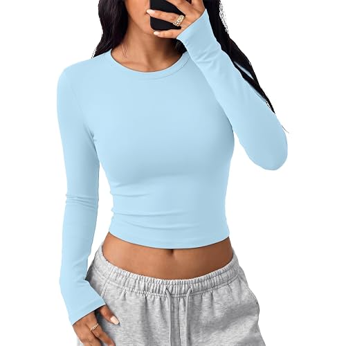 Trendy Queen Womens Long Sleeve Crop Tops Y2K Basic Shirts