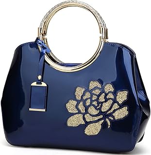 Women Handbag Patent Leather Flower Pattern Satchel Charm Glossy Purse Metal Grip Structured Shoulder Bag