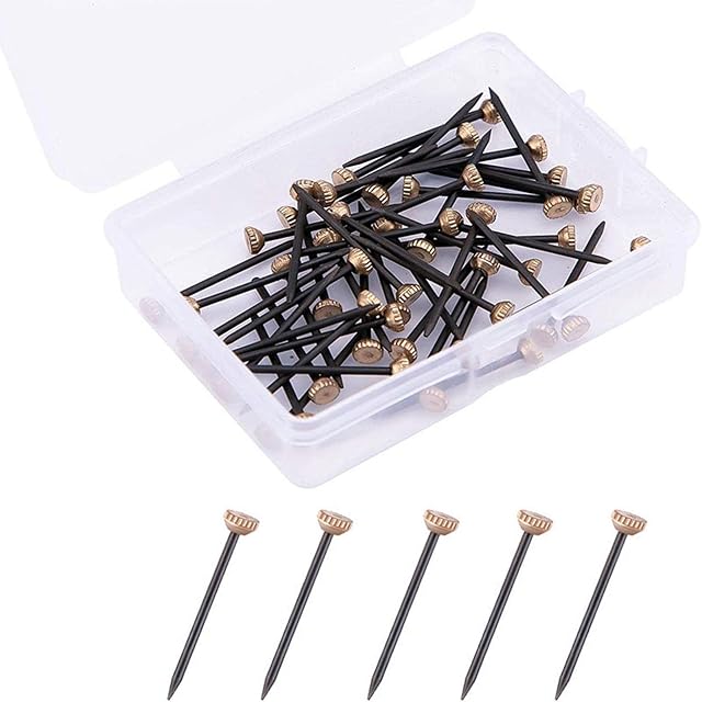 50 pcs Picture Hanging Nails w/Plastic Storage Box, Brass Head Picture Pins Heavy Duty Nail Hook for Plasterboard Hanging Photo Frames/Bulletin Boards/Canvases/Signs(Black+Gold)