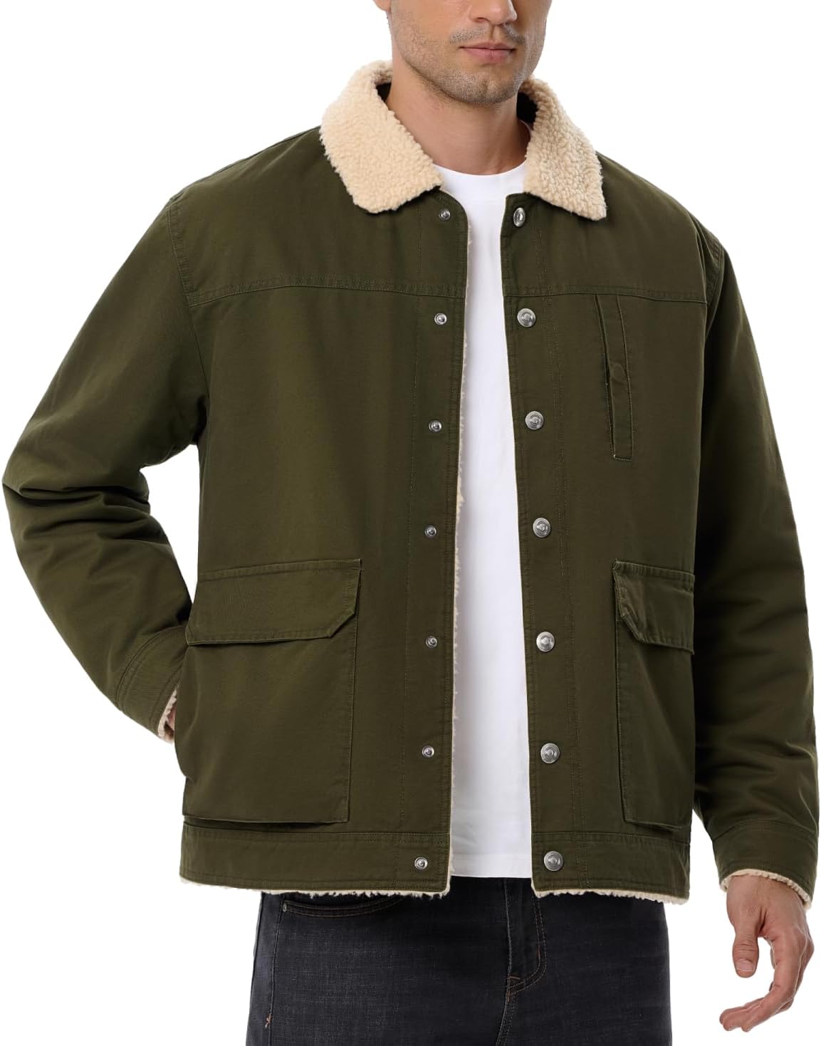 Men's Winter Fleece Lined Jacket Casual Thermal Trucker Coat Lightweight Cotton Cargo Work Jacket with Pockets for Fall