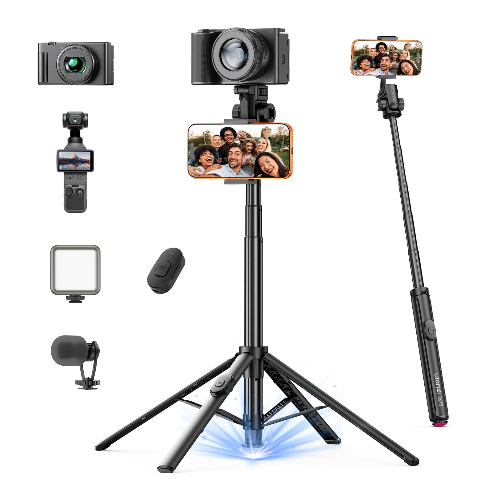ULANZI SK32 Treppiede per selfie stick, supporto per telefono con apertura e chiusura con un clic, supporto stabile a 4 gambe estensibile da 170 cm, treppiede da viaggio in lega di alluminio per