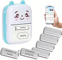 Mini Impressora Termica com 1 bobina de papel + 5 bobinas adesivas Para Etiquetas Adesivas Sem Tinta Bluetooth Com USB Portatil Sem Fio Papel Termico gatinho (Azul)