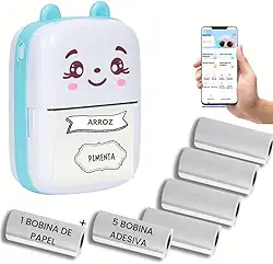 Mini Impressora Termica com 1 bobina de papel + 5 bobinas adesivas Para Etiquetas Adesivas Sem Tinta Bluetooth Com USB Portatil Sem Fio Papel Termico gatinho (Azul)